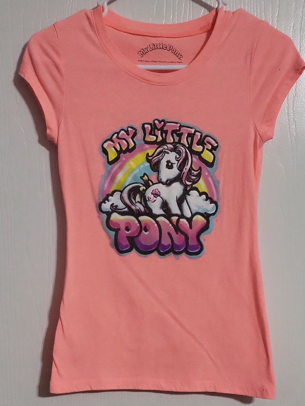 Shirt-My Little Pony Peach Pink Graphic Tee with Rainbow Pony#3231